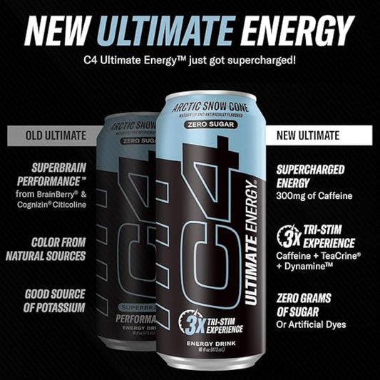 C4 Ultimate Sugar Free Energy Drink 16oz (Pack of 12) | Arctic Snow Cone | Pre Workout Performance Drink with No Artificial Colors or Dyes