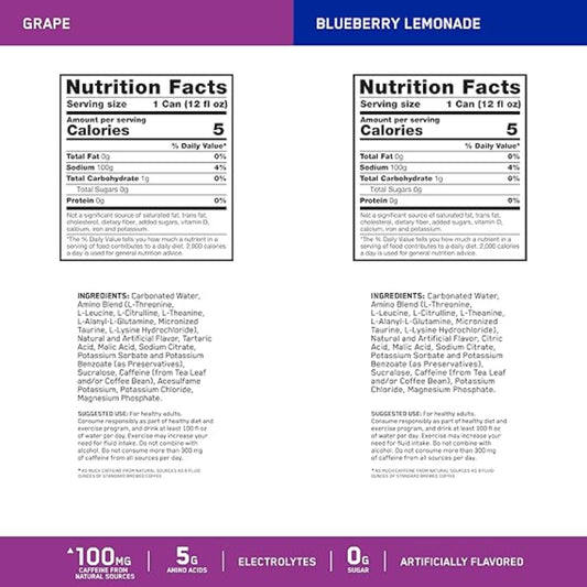 Optimum Nutrition Amino Energy Sparkling Hydration Drink, Electrolytes, Caffeine, Amino Acids, BCAAs, Sugar Free, 12 Fl Oz, Variety Pack of 12 (Packaging May Vary)
