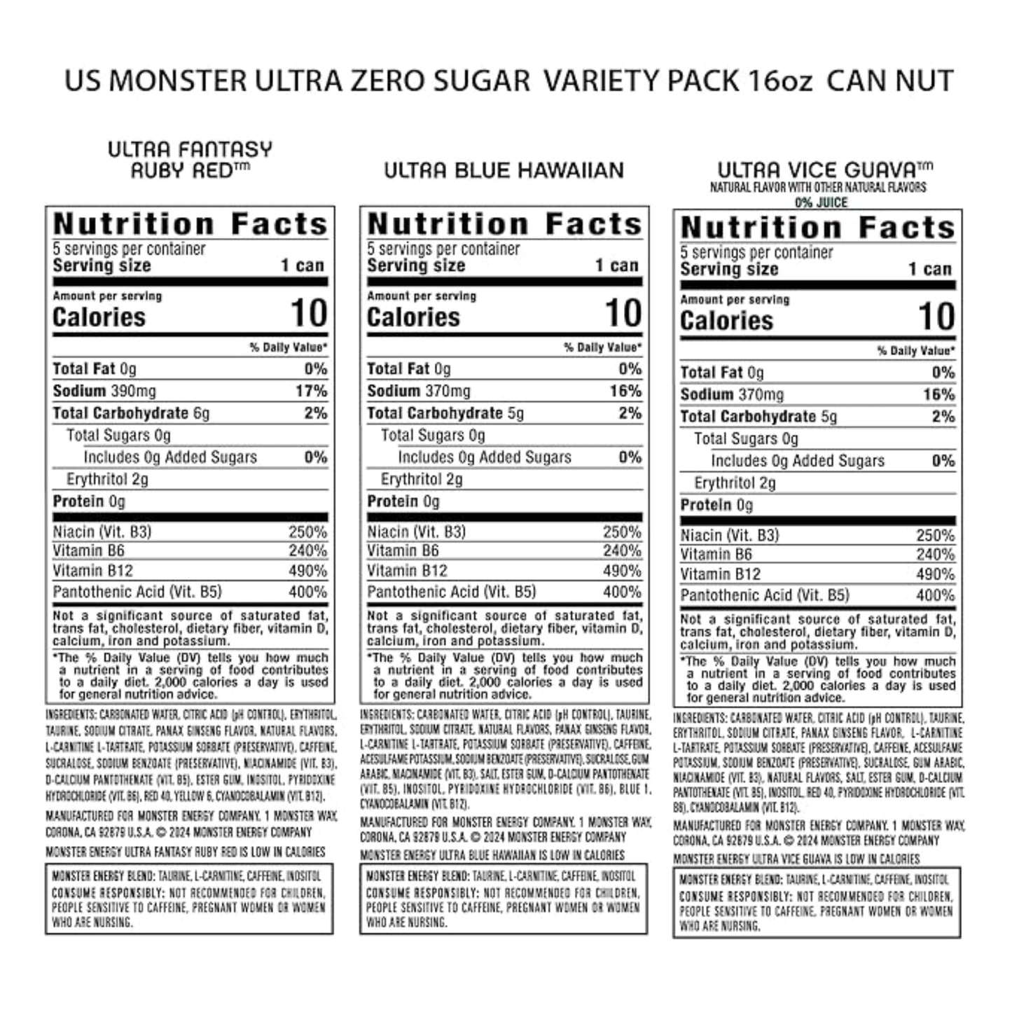 Monster Energy Ultra Variety Pack, Blue Hawaiian, Ultra Vice Guava, Ultra Fantasy Ruby Red, Sugar Free Energy Drink, 16 Ounce (Pack of 15)