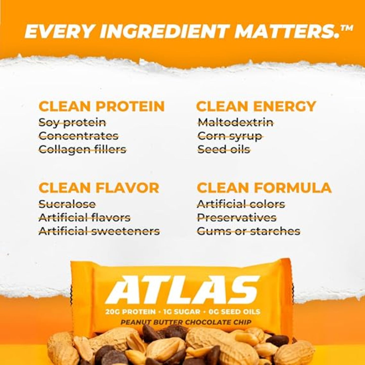 Atlas Protein Bar – 20g Clean Protein, 1g Natural Sugar, No Seed Oils, Gluten Free, No Artificial Sweeteners, Peanut Butter Chocolate Chip, 12 Count