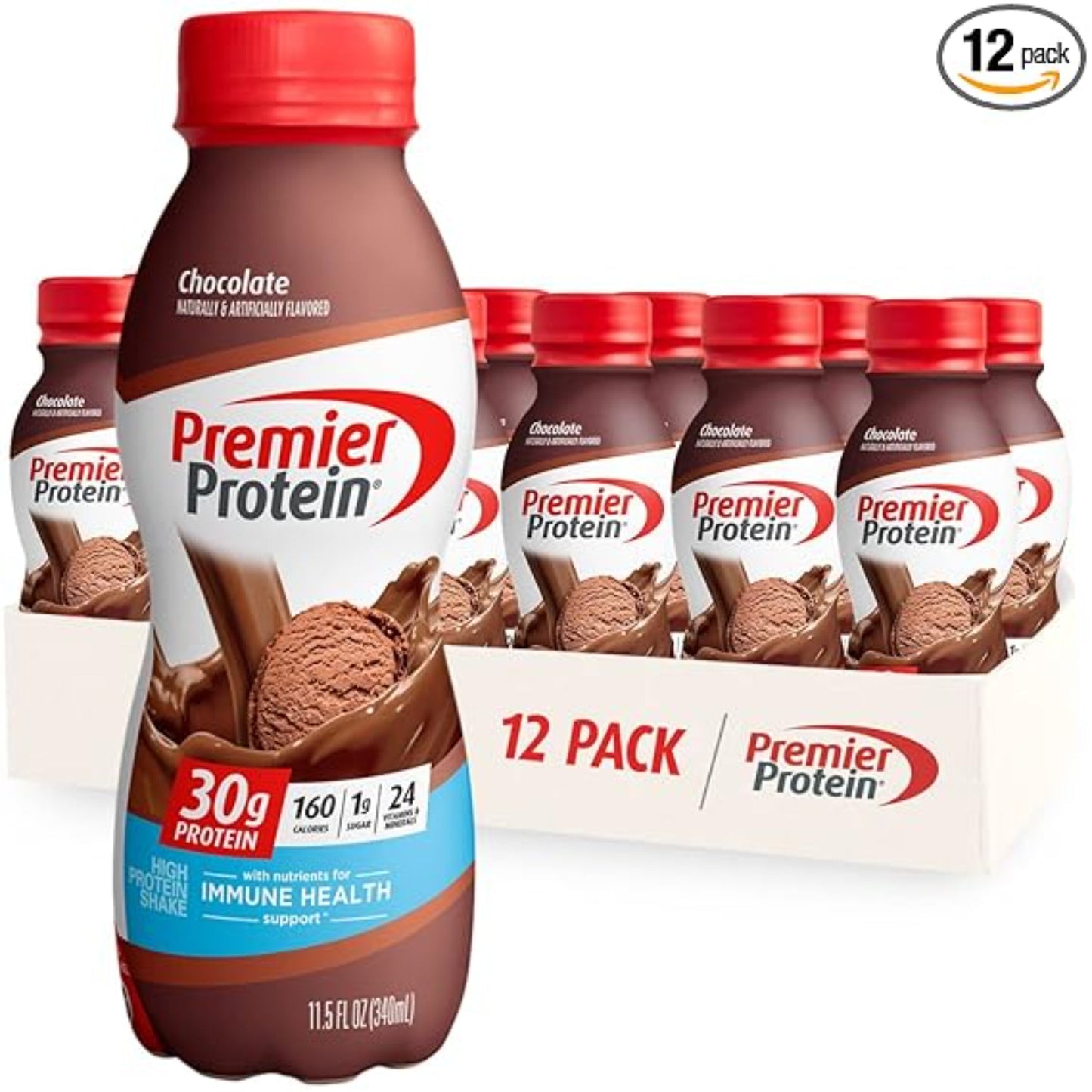 Premier Protein Shake, Chocolate, 30g Protein 1g Sugar 24 Vitamins Minerals Nutrients to Support Immune Health, 11.5 fl oz (Pack of 12)