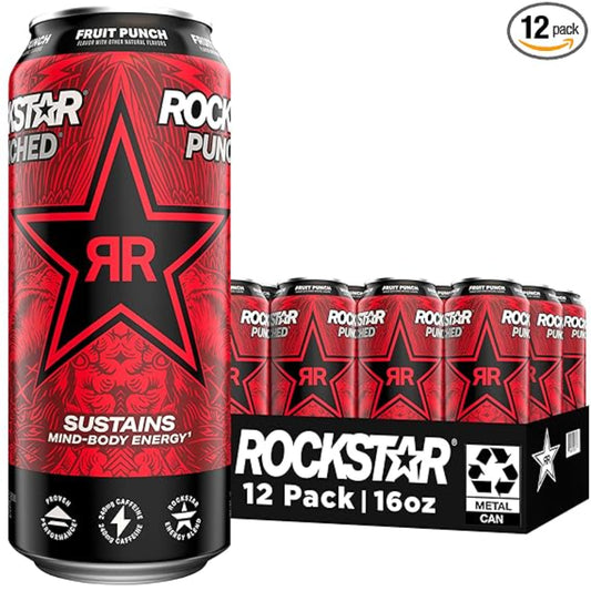 Rockstar Punched Energy Drink, Fruit Punch, 16 Fl Oz (Pack of 12) (Packaging May Vary)