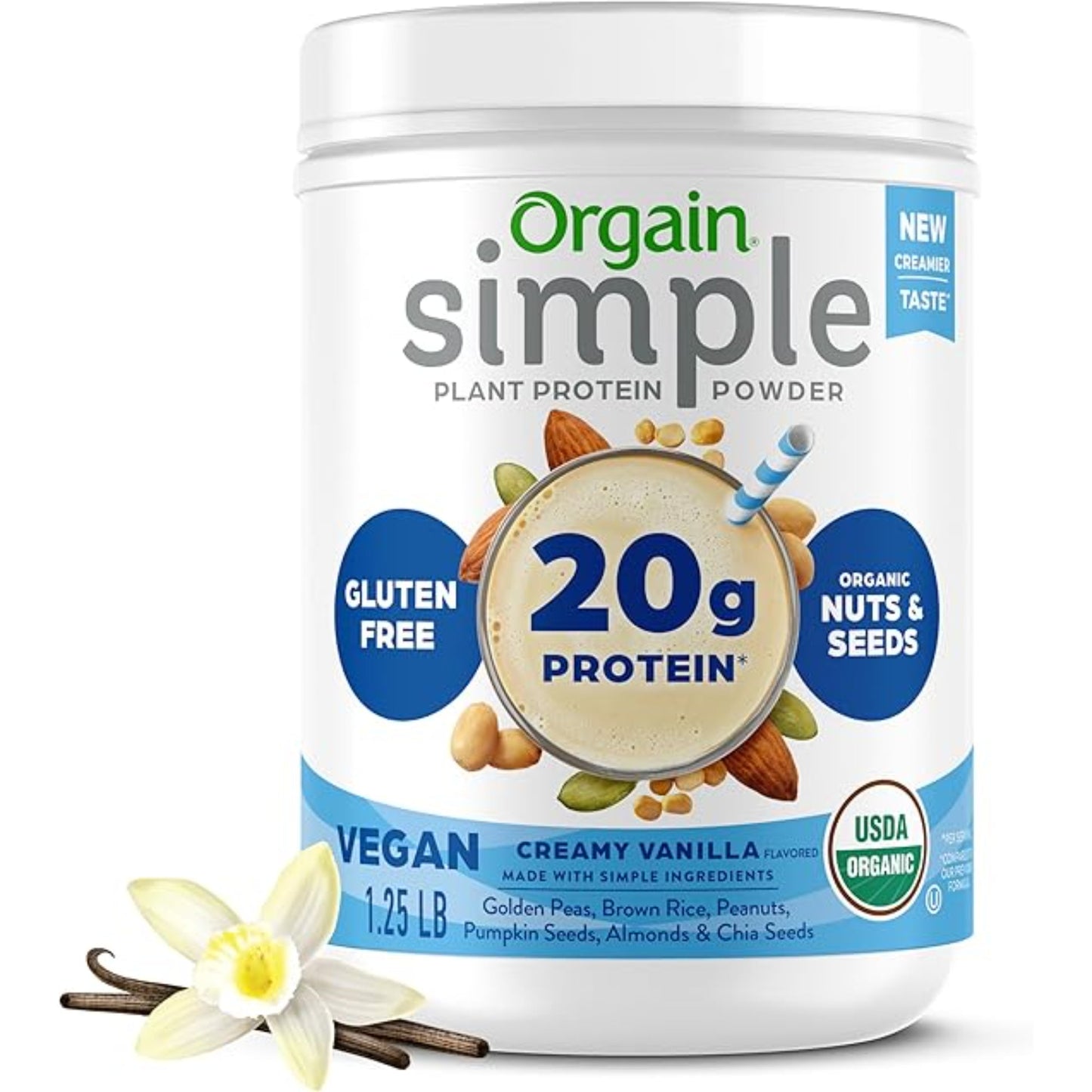 Orgain Organic Simple Vegan Protein Powder, Vanilla - 20g Plant Based Protein, Made with less Ingredients, No Artificial Sweeteners, Gluten Free, No Dairy or Lactose, 1.25 lb (Packaging May Vary)