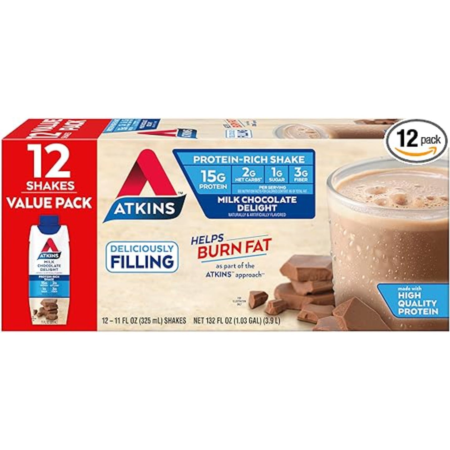 Atkins Milk Chocolate Delight High Protein Shake, 15g Protein, Low Glycemic , 2g Net Carb, 1g Sugar, Keto Friendly , Chocolate Flavored Protein Shakes, 12 Count