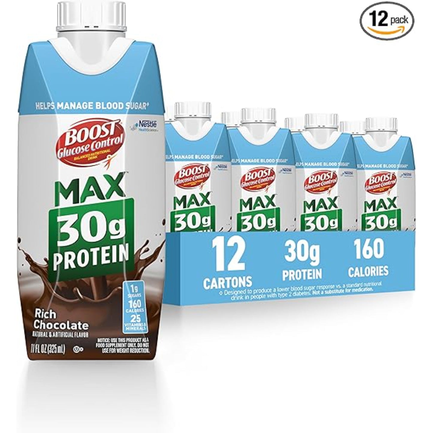 BOOST Glucose Control Max 30g Protein Nutritional Drink, Rich Chocolate, 11 Fl Oz (Pack of 12), Packaging May Vary