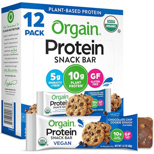 Orgain Organic Vegan Protein Bars, Chocolate Chip Cookie Dough - 10g Plant Based Protein, Low Calorie Healthy Snacks, No Lactose or Soy Ingredients, Gluten Free, Non-GMO - 1.41 Oz (Pack of 12)