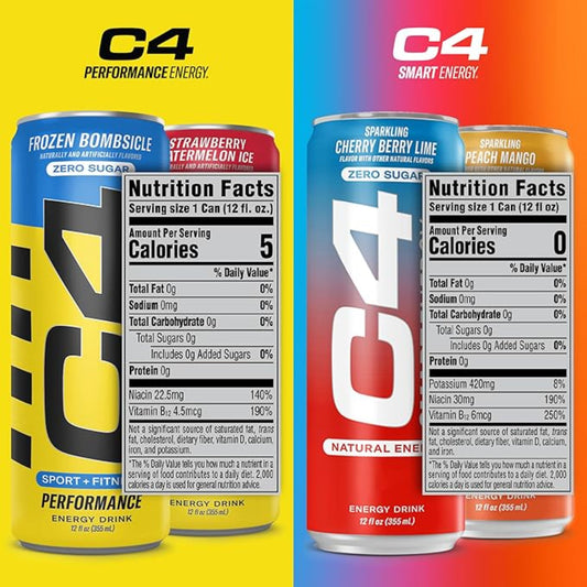 Cellucor C4 Performance & Smart Energy Drink Official Variety Pack | Zero Sugar Carbonated Preworkout Energy | 150+200mg Caffeine with Beta Alanine | 4 Flavors | 12 Fl Oz (12 Pack)