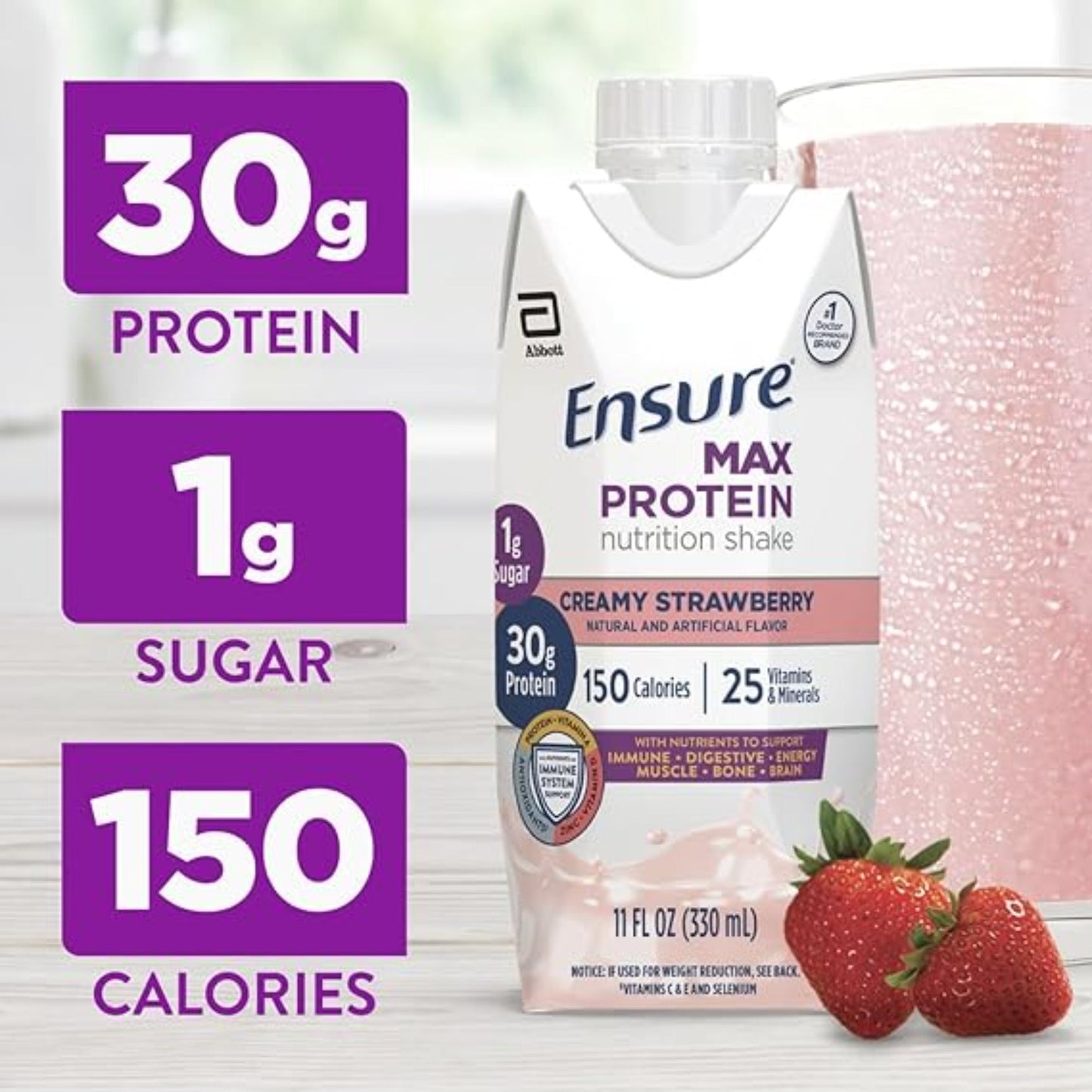 Ensure Max Protein Shake | Creamy Strawberry | Ready to Drink | 30g Protein for Muscle Health | 1g Sugar, 4g Fiber | 11 fl oz, 12 Pack
