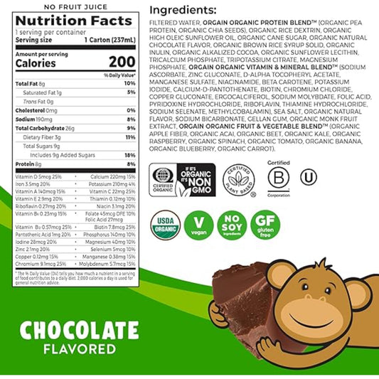 Orgain Organic Kids Nutritional Vegan Protein Shake, Chocolate - Healthy Kids Snacks, 8g Plant Protein, 23 Vitamins & Minerals, 3g Fiber, No Dairy & Soy Ingredients, Non-GMO, 8 Fl Oz (Pack of 12)