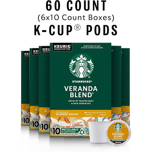 Starbucks K-Cup Coffee Pods, Starbucks Blonde Roast Coffee, Veranda Blend for Keurig Brewers, 100% Arabica, 6 boxes (60 pods total)