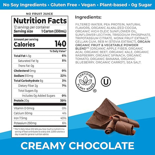 Orgain Organic Vegan Protein Shake, Creamy Chocolate - 20g Plant Based Protein, Ready to Drink, Fruits & Vegetables, Gluten Free, Kosher, No Soy or Dairy Ingredients, 11 Fl Oz (Pack of 12)