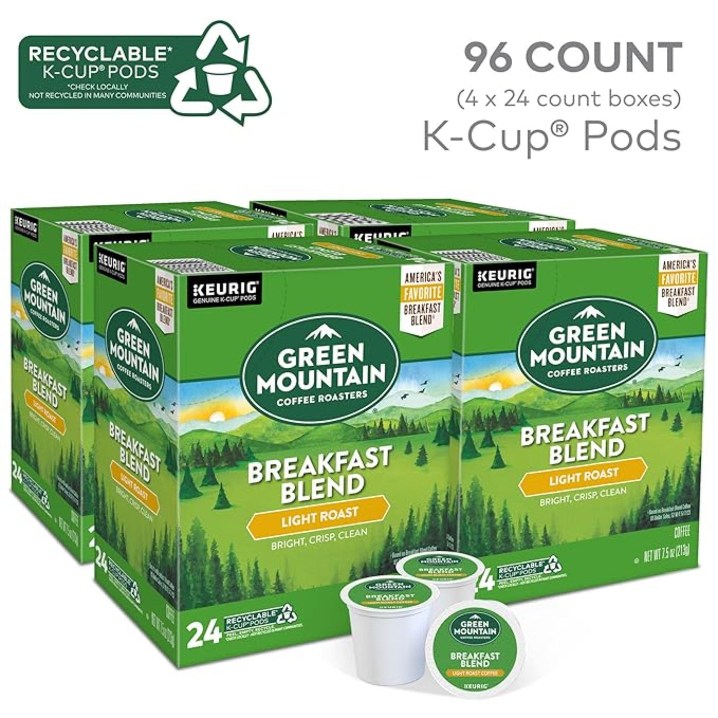 Green Mountain Coffee Roasters Breakfast Blend Single-Serve Keurig K-Cup Pods, Light Roast Coffee, 96 Count