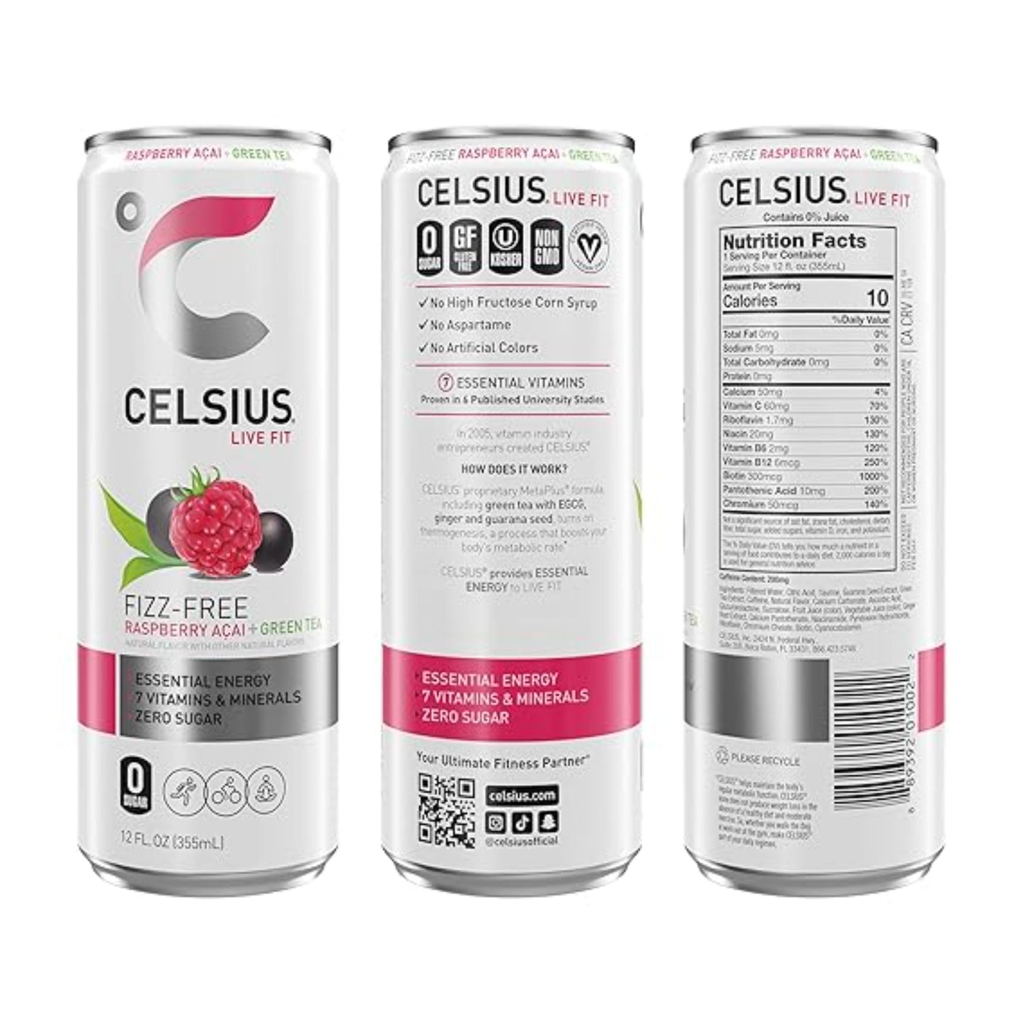 CELSIUS Raspberry Acai Green Tea, Functional Essential Energy Drink 12 Fl Oz (Pack of 12) Packaging may vary