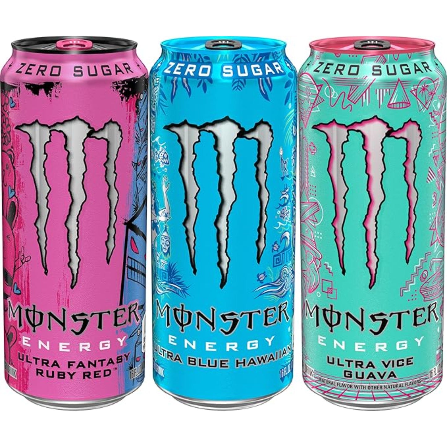 Monster Energy Ultra Variety Pack, Blue Hawaiian, Ultra Vice Guava, Ultra Fantasy Ruby Red, Sugar Free Energy Drink, 16 Ounce (Pack of 15)