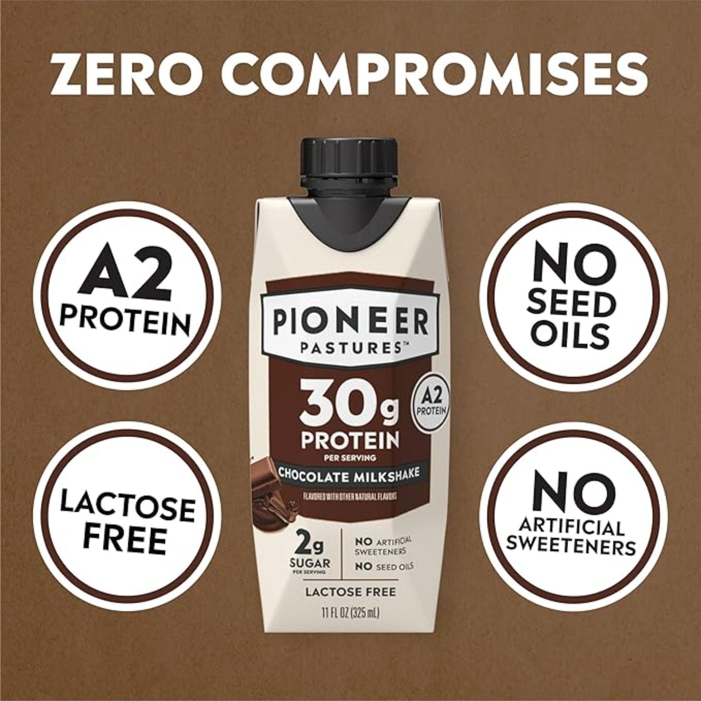 Pioneer Pastures - High Protein A2 Milkshakes - Chocolate - A2 Nutritional Milk, 30g Protein, 2g Sugar, No Artificial Sweeteners, No Seed Oils - All-Natural, Breakfast Shake, Meal Replacement, Workout - 11oz, 12 Pack