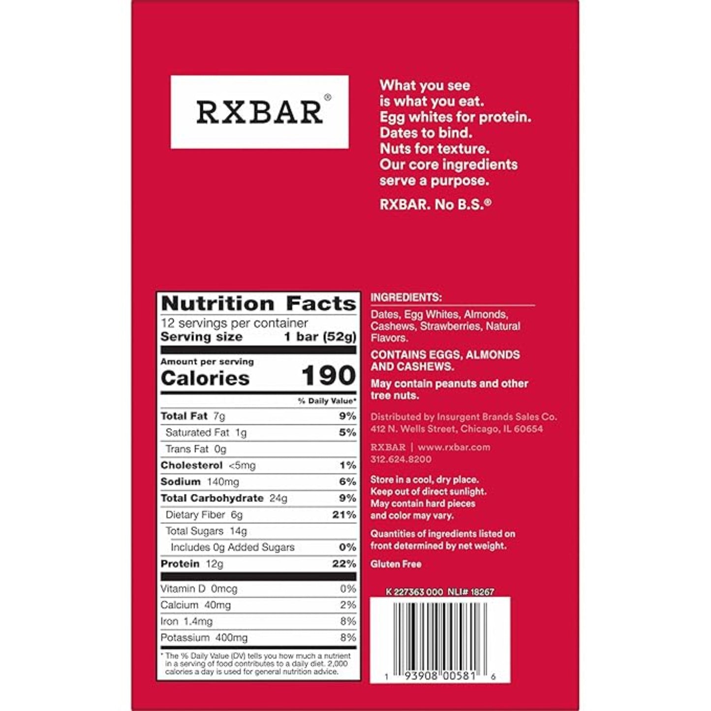 RXBAR Protein Bars, 12g Protein, Gluten Free Snacks, Strawberry, 22oz Box (12 Bars)