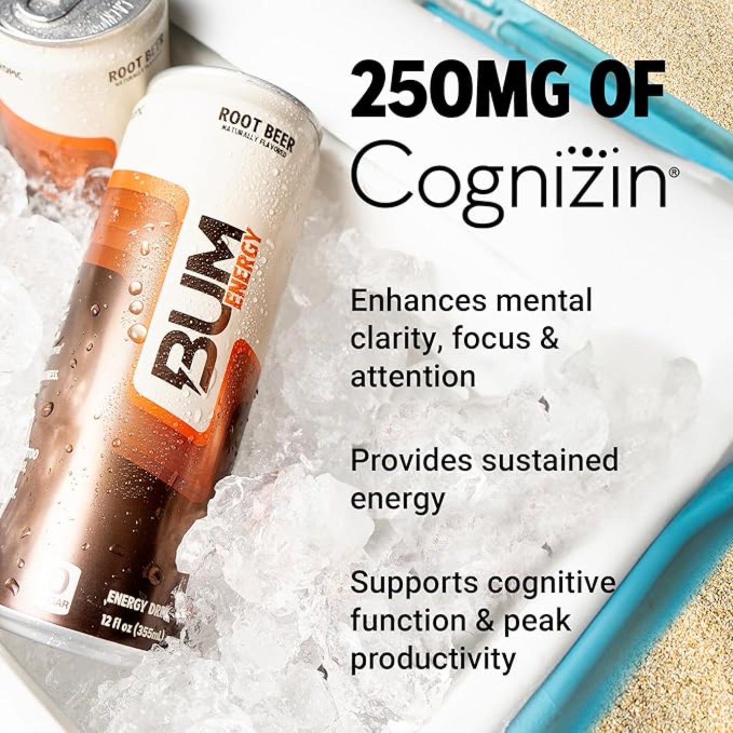 BUM Sugar-Free Energy Drink, Root Beer - Lightly Carbonated & No Artificial Colors, Natural Caffeine & Citicoline for Energy & Focus, Brain Boost & Workout Sports Beverage - 12 oz, Pack of 12