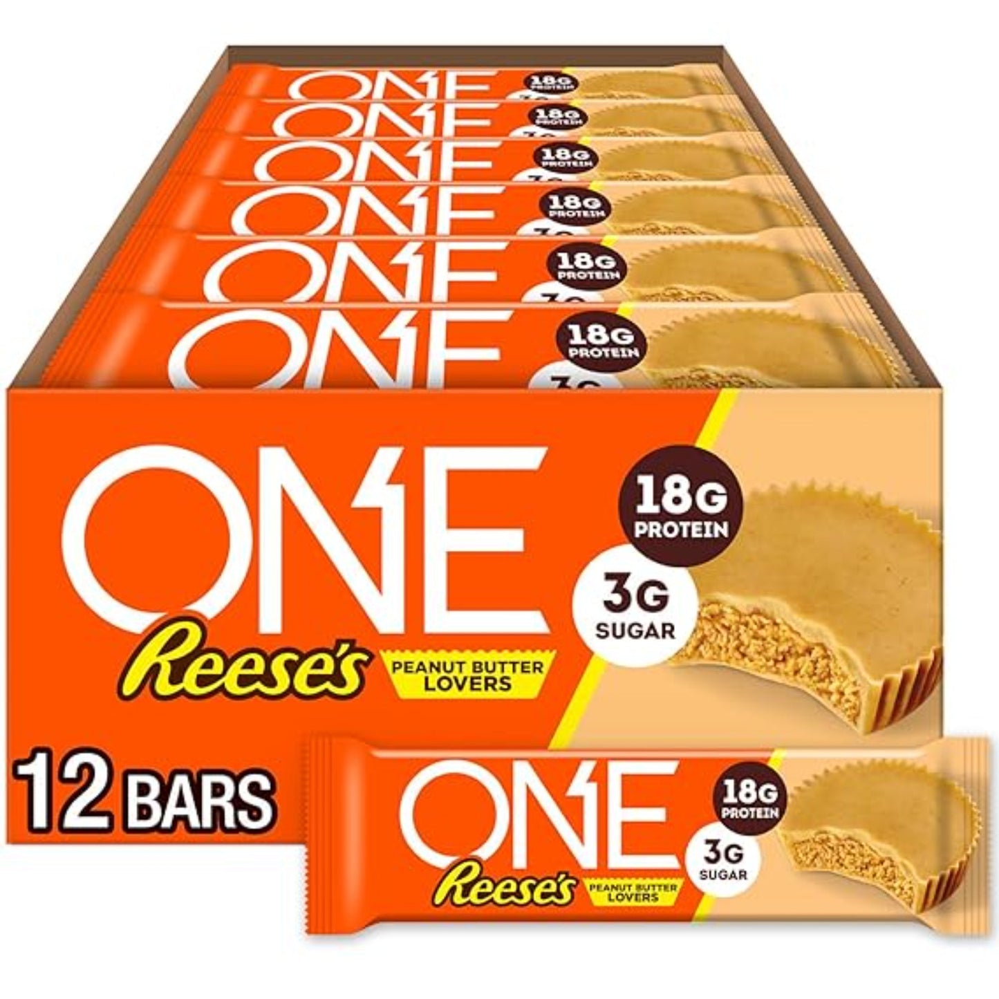 ONE Protein Bars, Reese's Peanut Butter Lovers, Gluten Free with 18g Protein and 3g Sugar, Pantry Staples, 2.12 oz (12 Count)