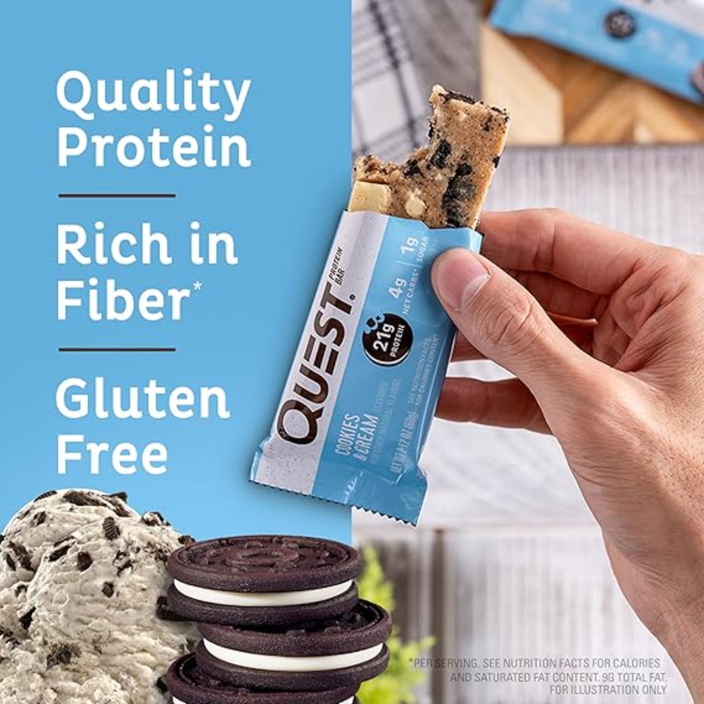 Quest Nutrition Cookies & Cream Protein Bars, 21g Protein, 4g Net Carbs, 1g Sugar, Gluten Free, Keto Friendly, 4 Count