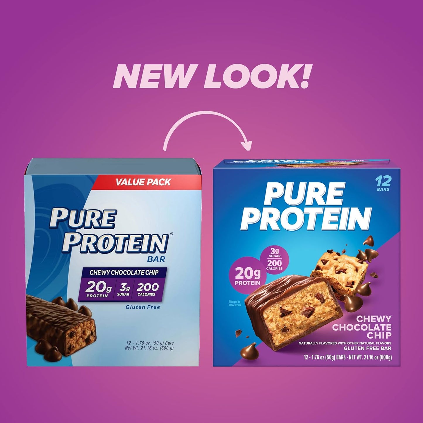 Pure Protein Bars, High Protein, Nutritious Snacks to Support Energy, Low Sugar, Gluten Free, Chewy Chocolate Chip, 1.76oz (Pack of 12), Packaging may vary