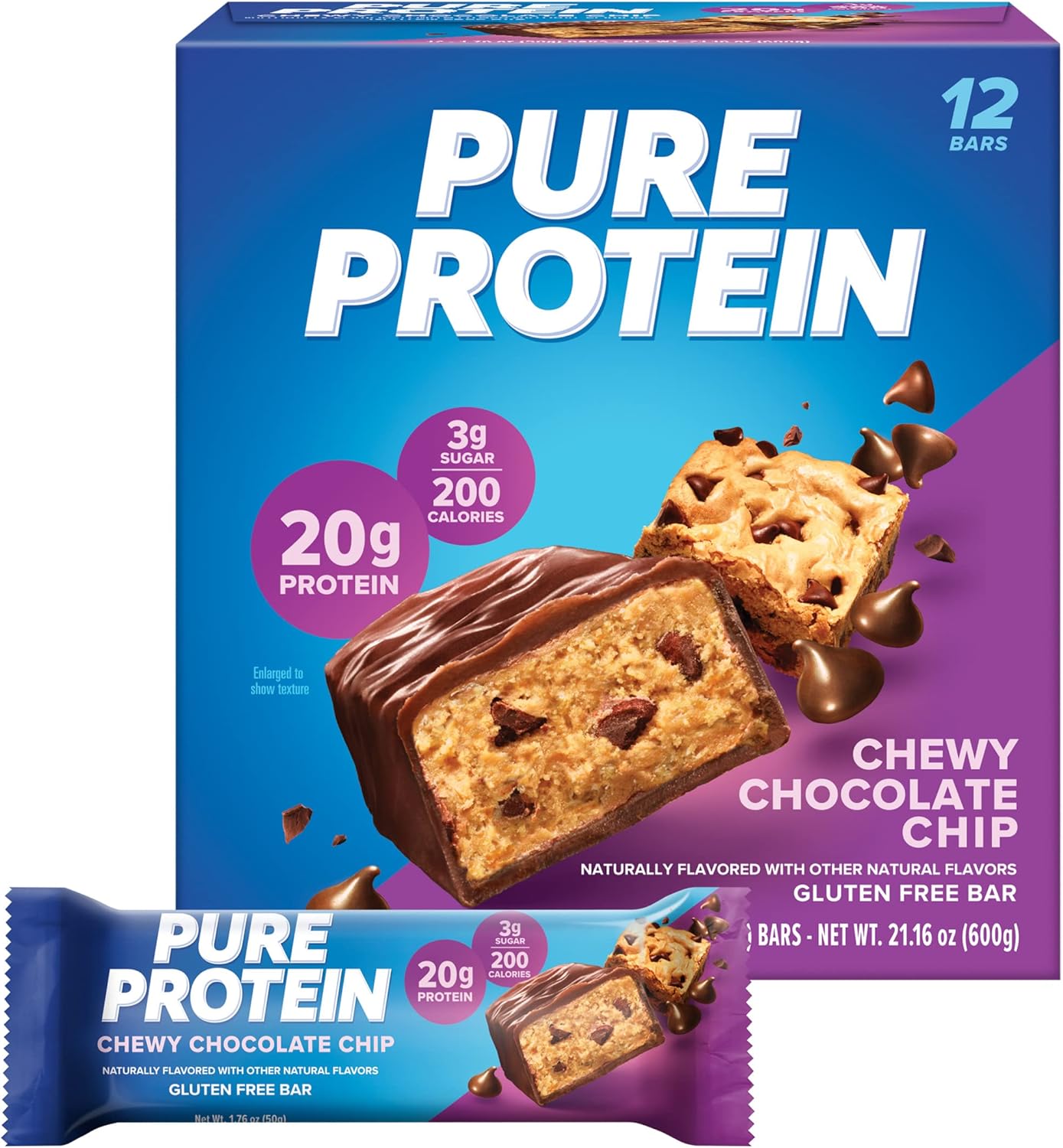 Pure Protein Bars, High Protein, Nutritious Snacks to Support Energy, Low Sugar, Gluten Free, Chewy Chocolate Chip, 1.76oz (Pack of 12), Packaging may vary